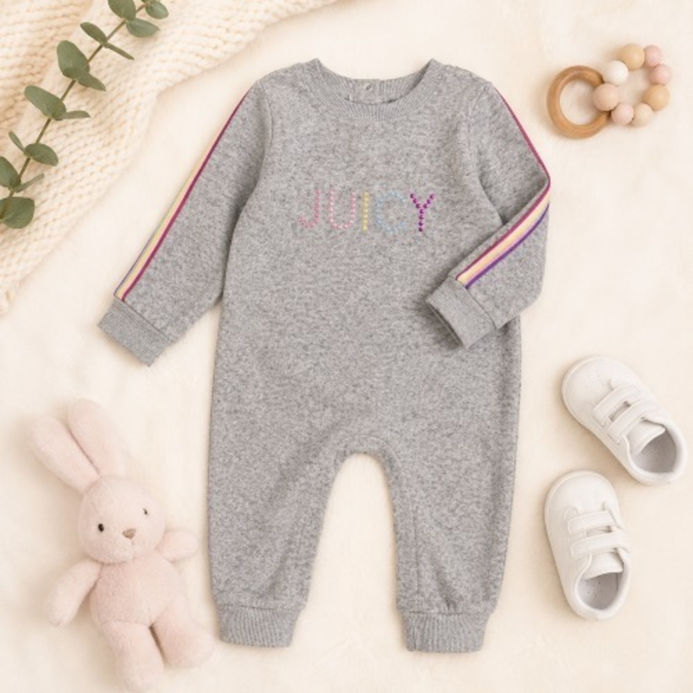 Juicy Couture Baby Girls Gray Long Sleeve Coverall – 3/6M – Rhinestone Logo